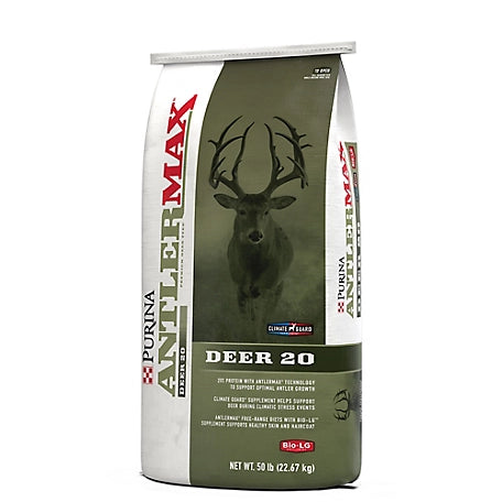 Purina AntlerMax Deer Feed 20 with Climate Guard and Bio LG, 50 lb. Bag In Demand! Sold 69 times in the last 5 days Purina AntlerMax Deer Feed 20 with Climate Guard and Bio LG, 50 lb. Bag