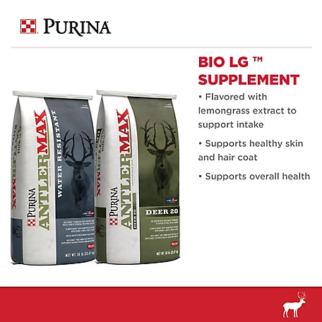 Purina AntlerMax Deer Feed 20 with Climate Guard and Bio LG, 50 lb. Bag In Demand! Sold 69 times in the last 5 days Purina AntlerMax Deer Feed 20 with Climate Guard and Bio LG, 50 lb. Bag