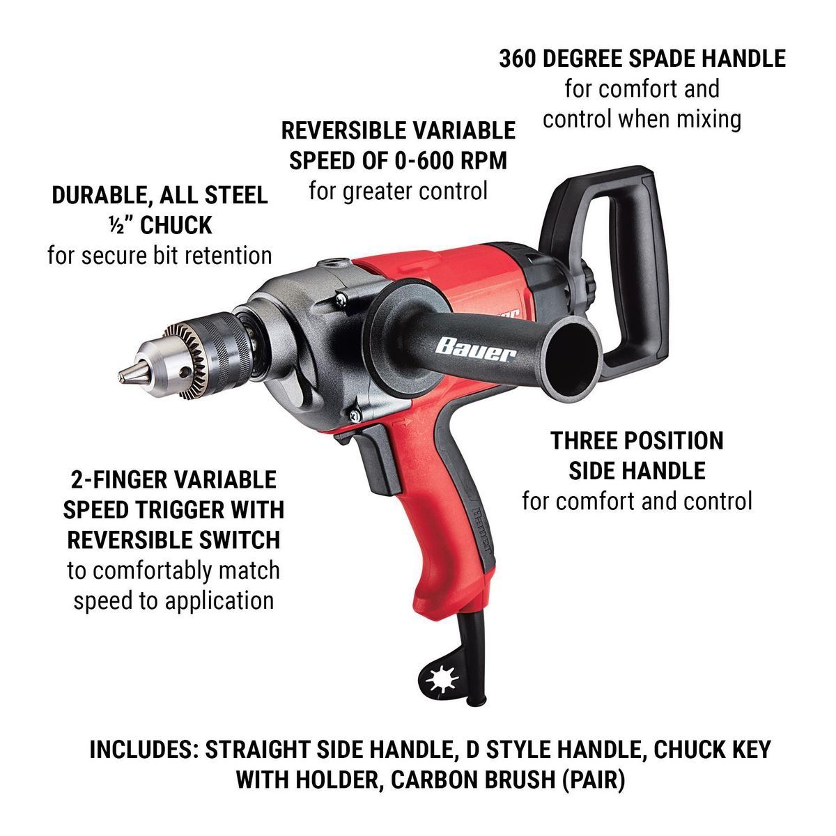 BAUER 7.5 Amp 1/2 in. Low Speed Spade Handle Drill/Mixer