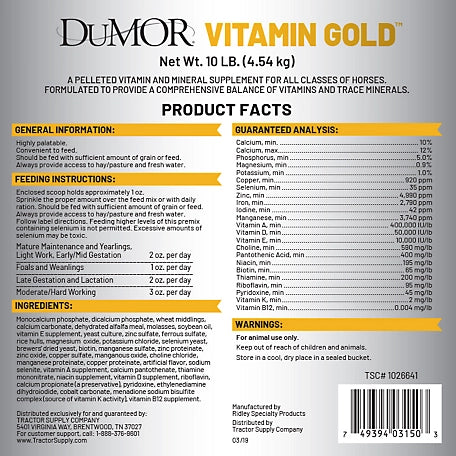 DuMOR Vitamin Gold Premium Pelleted Vitamin and Mineral Horse Supplement, 10 lb.