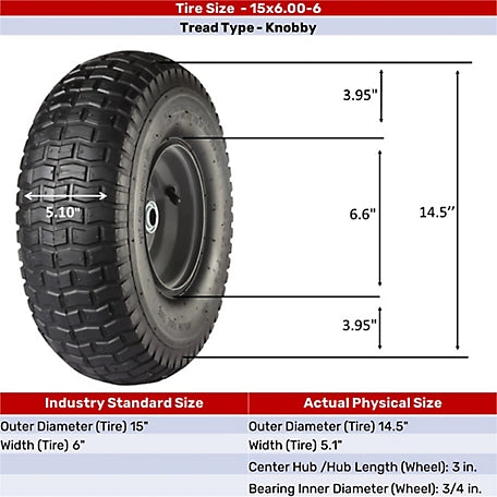 15x6-6 Pneumatic Wheels with Turf Tread, 3/4 in. Bore Size