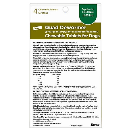 Quad Dewormer Chewable Tablets for Small Dogs 2-25 lb., 22.7 mg