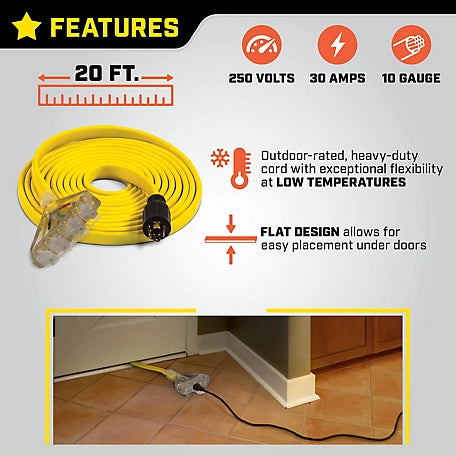 Champion Power Equipment 20 ft. 30A 125/250V Fan-Style Flat Generator Extension Cord, L14-30P to Four 5-20R