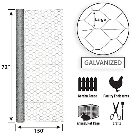 Garden Zone 72in H x 150ft : Chicken Wire with 2in Openings