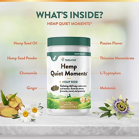 NaturVet Hemp Quiet Moments Plus Hemp Seed Soft Chew Calming Supplement Treats for Dogs, 60 ct.