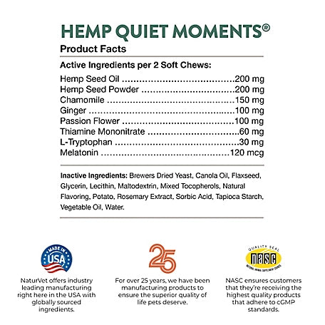 NaturVet Hemp Quiet Moments Plus Hemp Seed Soft Chew Calming Supplement Treats for Dogs, 60 ct.