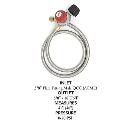 Gas One High Pressure Propane Regulator with 4 ft. Steel Braided Hose with male end orifice