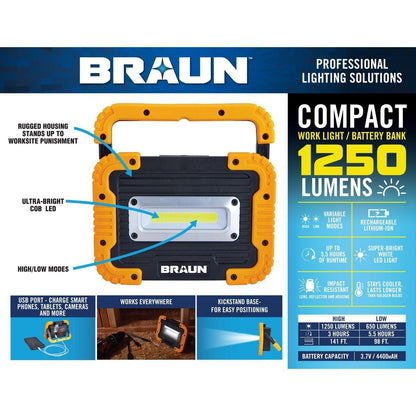 BRAUN 1250 Lumen LED Rechargeable Battery Bank Work Light