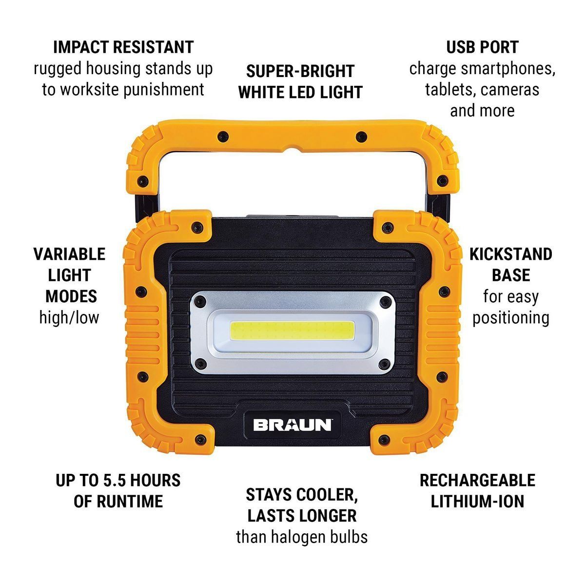 BRAUN 1250 Lumen LED Rechargeable Battery Bank Work Light