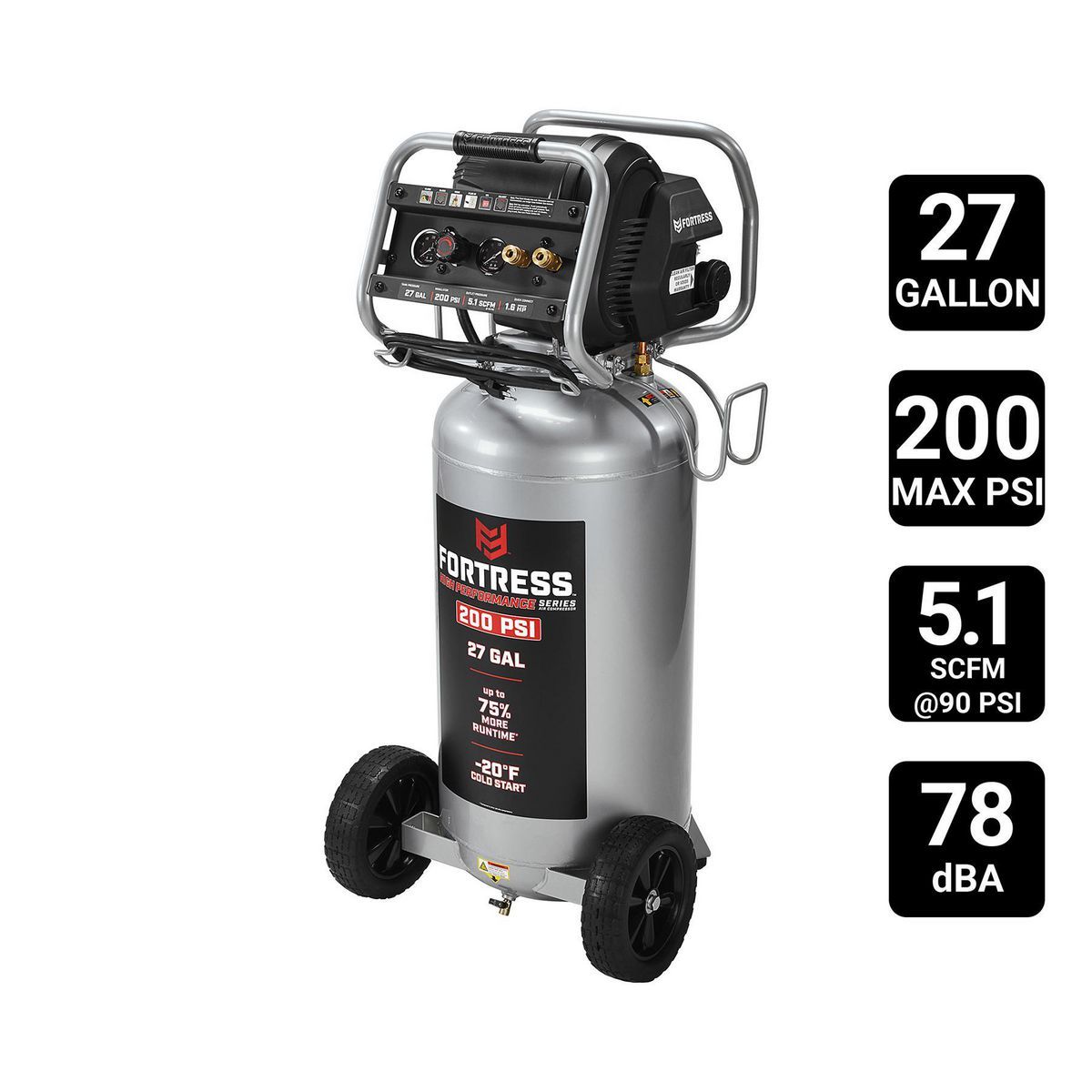 FORTRESS 27 Gallon, 200 PSI High Performance Oil-Free Vertical Shop/Auto Air Compressor