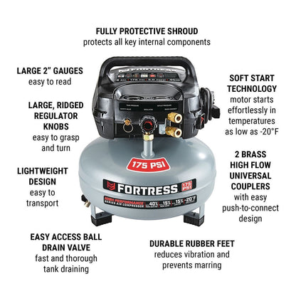 FORTRESS 6 Gallon, 175 PSI High Performance Oil-Free Pancake Jobsite Air Compressor