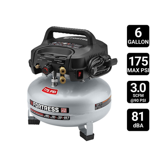 FORTRESS 6 Gallon, 175 PSI High Performance Oil-Free Pancake Jobsite Air Compressor