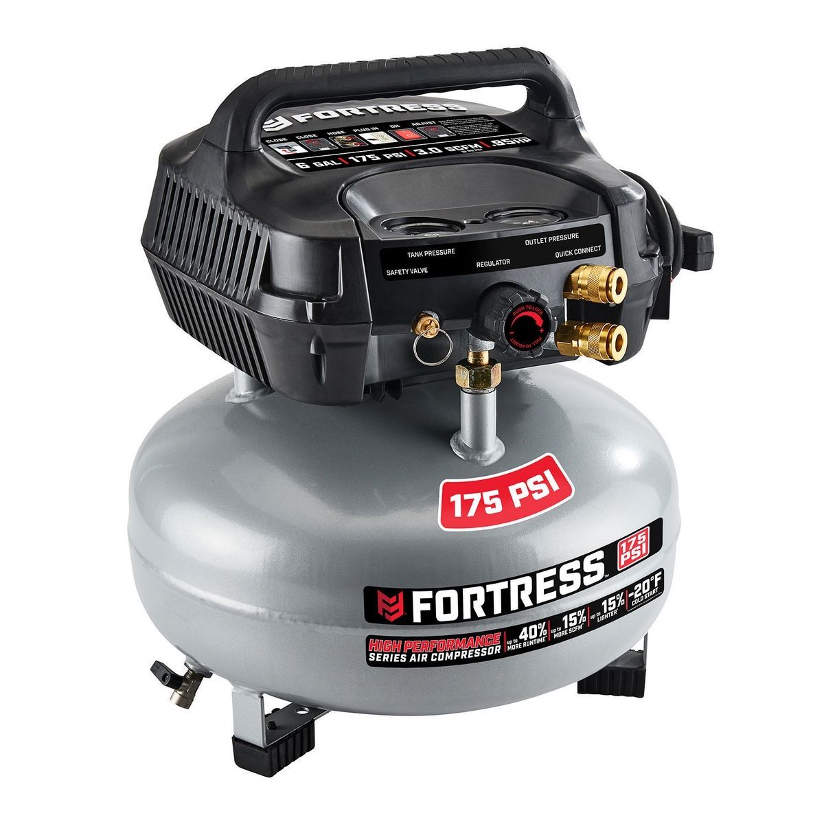 FORTRESS 6 Gallon, 175 PSI High Performance Oil-Free Pancake Jobsite Air Compressor