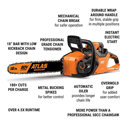 ATLAS 80V Brushless Cordless 18 in. Chainsaw - Tool Only