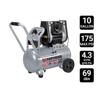 FORTRESS 10 Gallon, 175 PSI Ultra Quiet Oil-Free Horizontal Shop/Auto Air Compressor