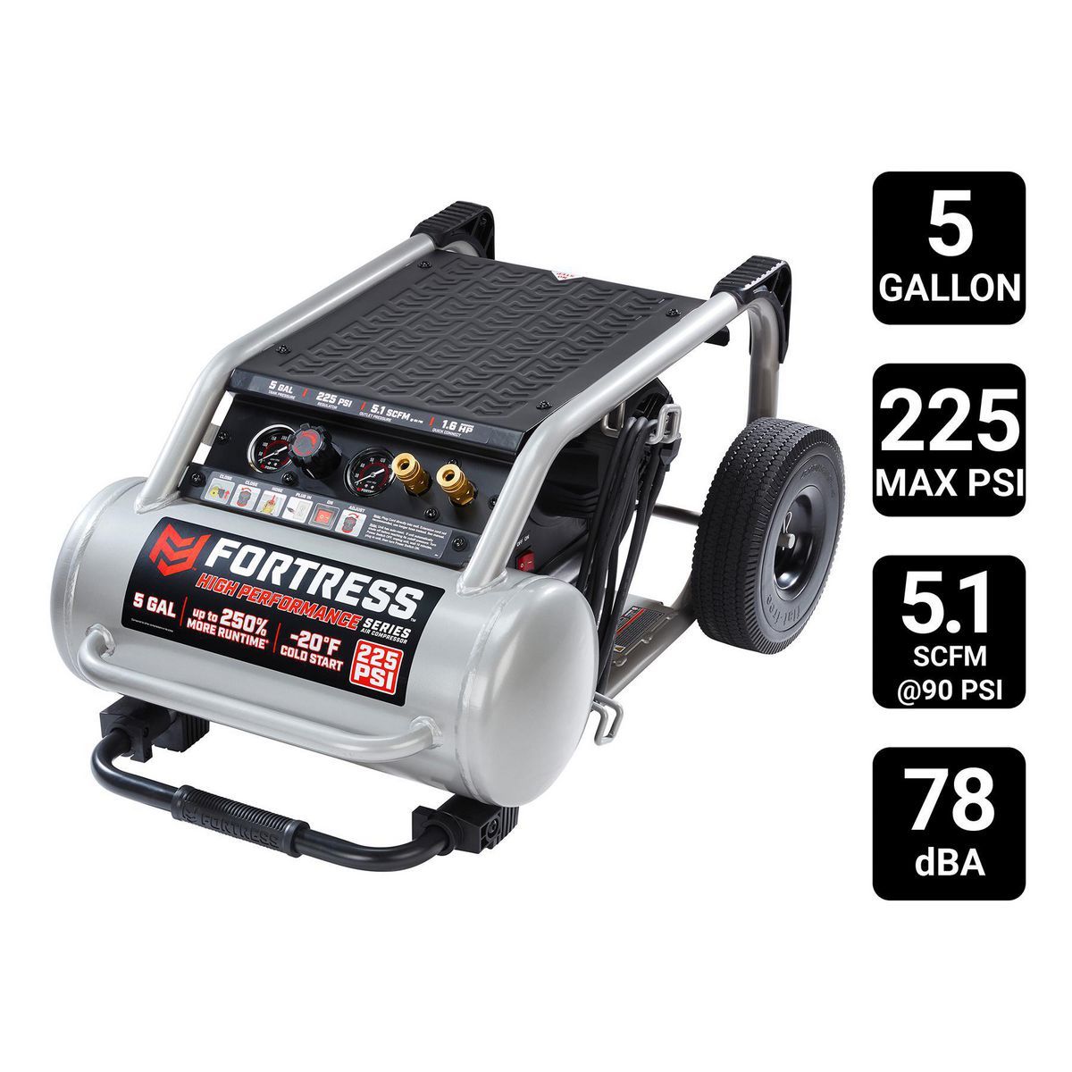 FORTRESS 5 Gallon, 225 PSI High Performance Oil-Free Wheeled Jobsite Air Compressor