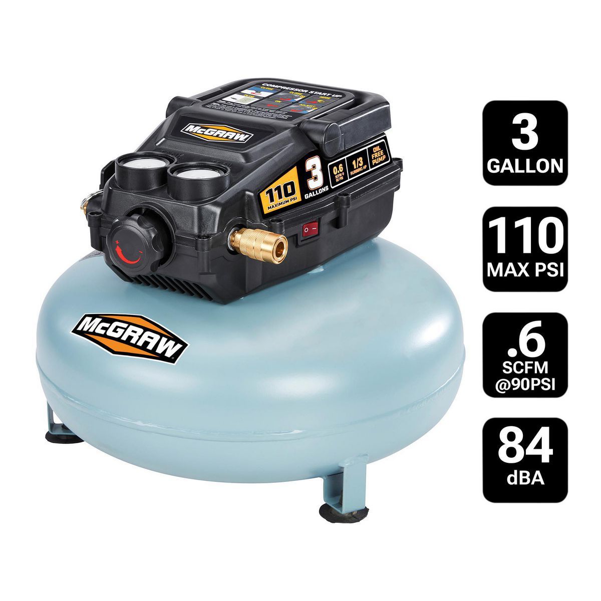 MCGRAW 3 Gallon, 110 PSI Oil-Free Light-Duty Pancake Air Compressor