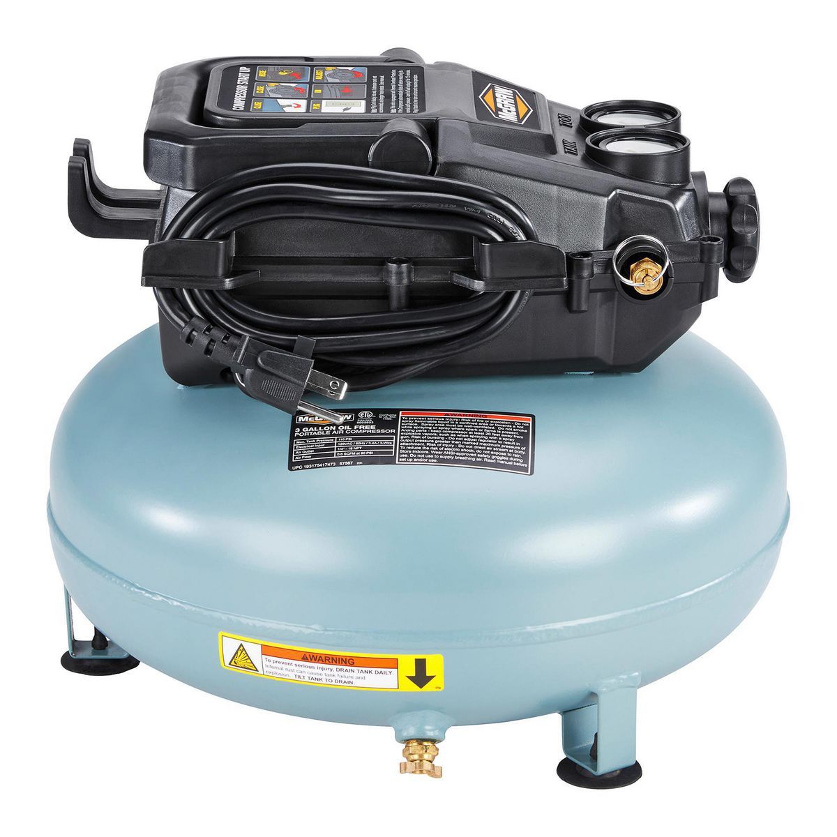 MCGRAW 3 Gallon, 110 PSI Oil-Free Light-Duty Pancake Air Compressor