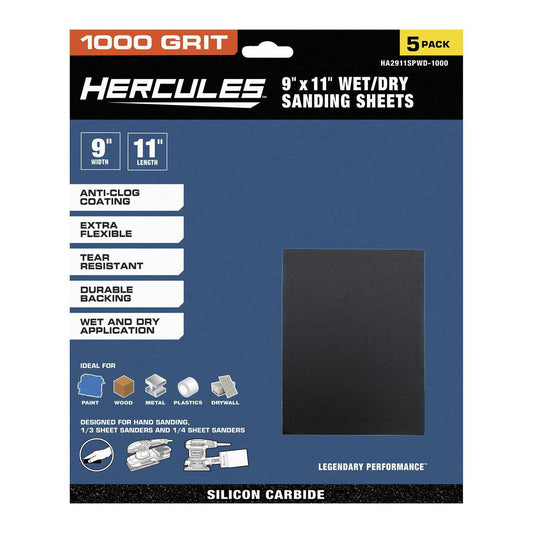 HERCULES 9 in. x 11 in. 1000 Grit Wet/Dry Sanding Sheets with Silicon Carbide Grain, 5-Pack