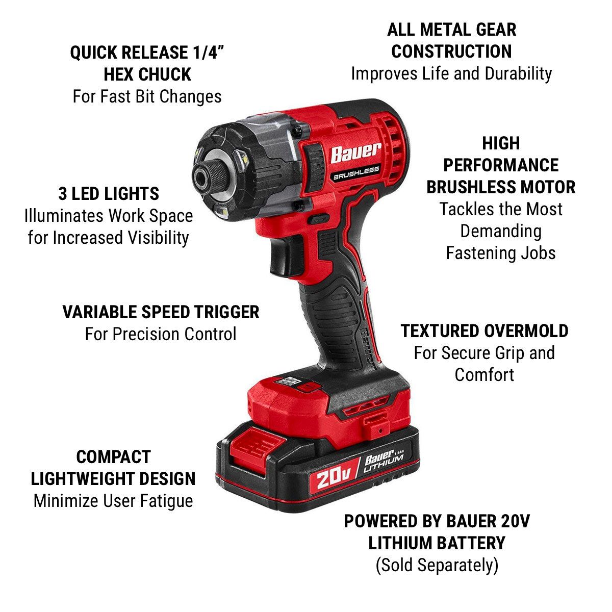 BAUER 20V Brushless Cordless 1/4 in. Hex 3-Speed Impact Driver - Tool Only