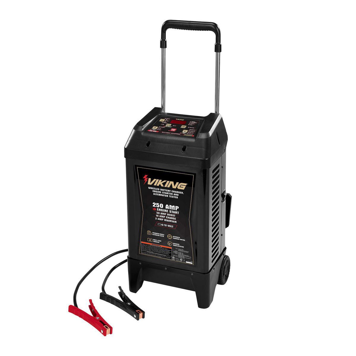 VIKING 2/15/50/250 Amp 6/12V Wheeled Battery Charger, Engine Starter, and Alternator Tester