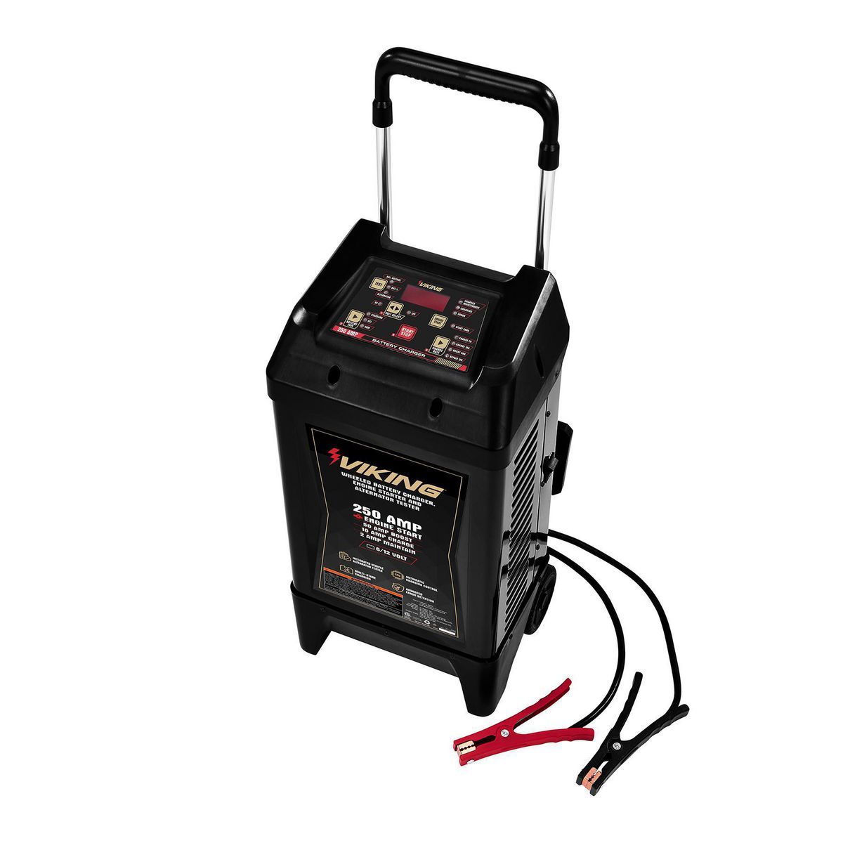 VIKING 2/15/50/250 Amp 6/12V Wheeled Battery Charger, Engine Starter, and Alternator Tester