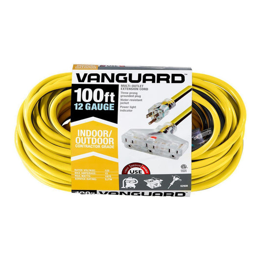 VANGUARD 100 ft. x 12/3 Gauge Multiple Outlet Extension Cord with Indicator Light, Yellow, Black