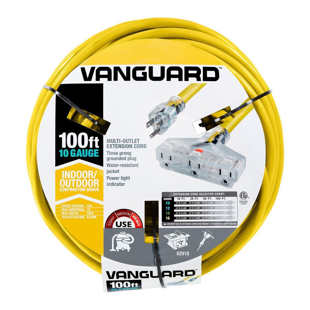 VANGUARD 100 ft. x 10/3 Gauge Triple Tap Extension Cord, Yellow