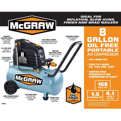 MCGRAW 8 Gallon, 150 PSI Oil-Free Horizontal Shop/Auto Air Compressor