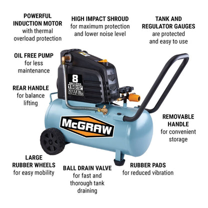 MCGRAW 8 Gallon, 150 PSI Oil-Free Horizontal Shop/Auto Air Compressor