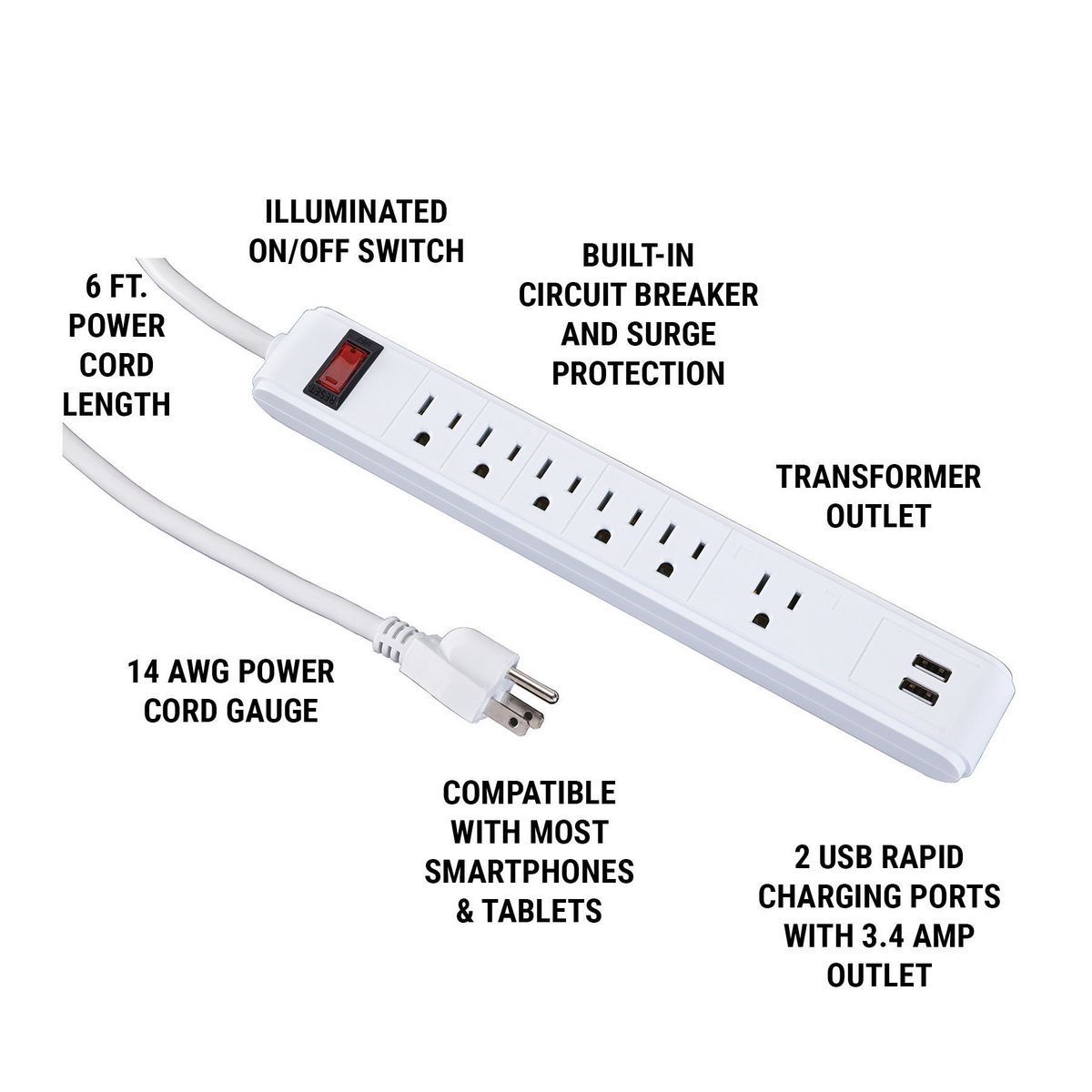 ARMSTRONG 6 Outlet 2 USB Rapid Charging Power Strip