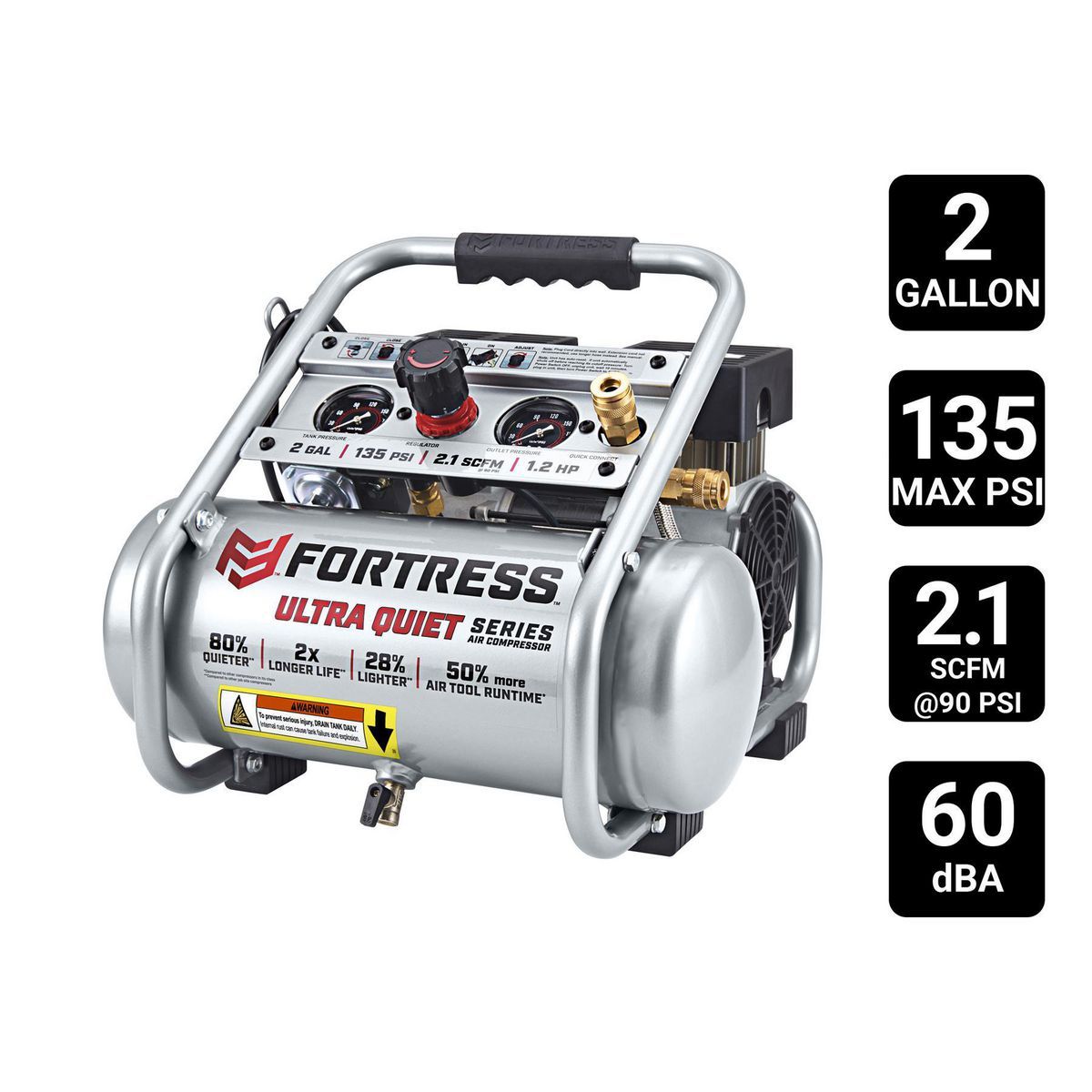 FORTRESS 2 Gallon, 135 PSI Ultra Quiet Oil-Free Hand-Carry Jobsite Air Compressor