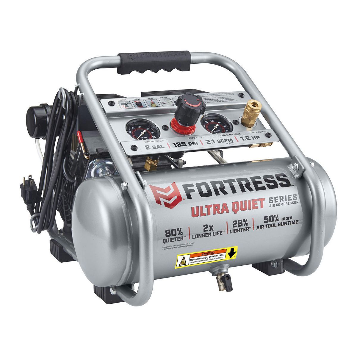 FORTRESS 2 Gallon, 135 PSI Ultra Quiet Oil-Free Hand-Carry Jobsite Air Compressor