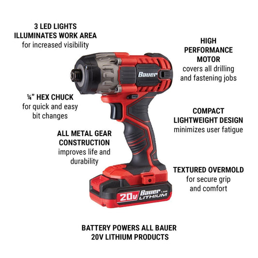 BAUER 20V Cordless 1/4 in. Hex Compact Impact Driver Kit with 1.5Ah Battery and Charger