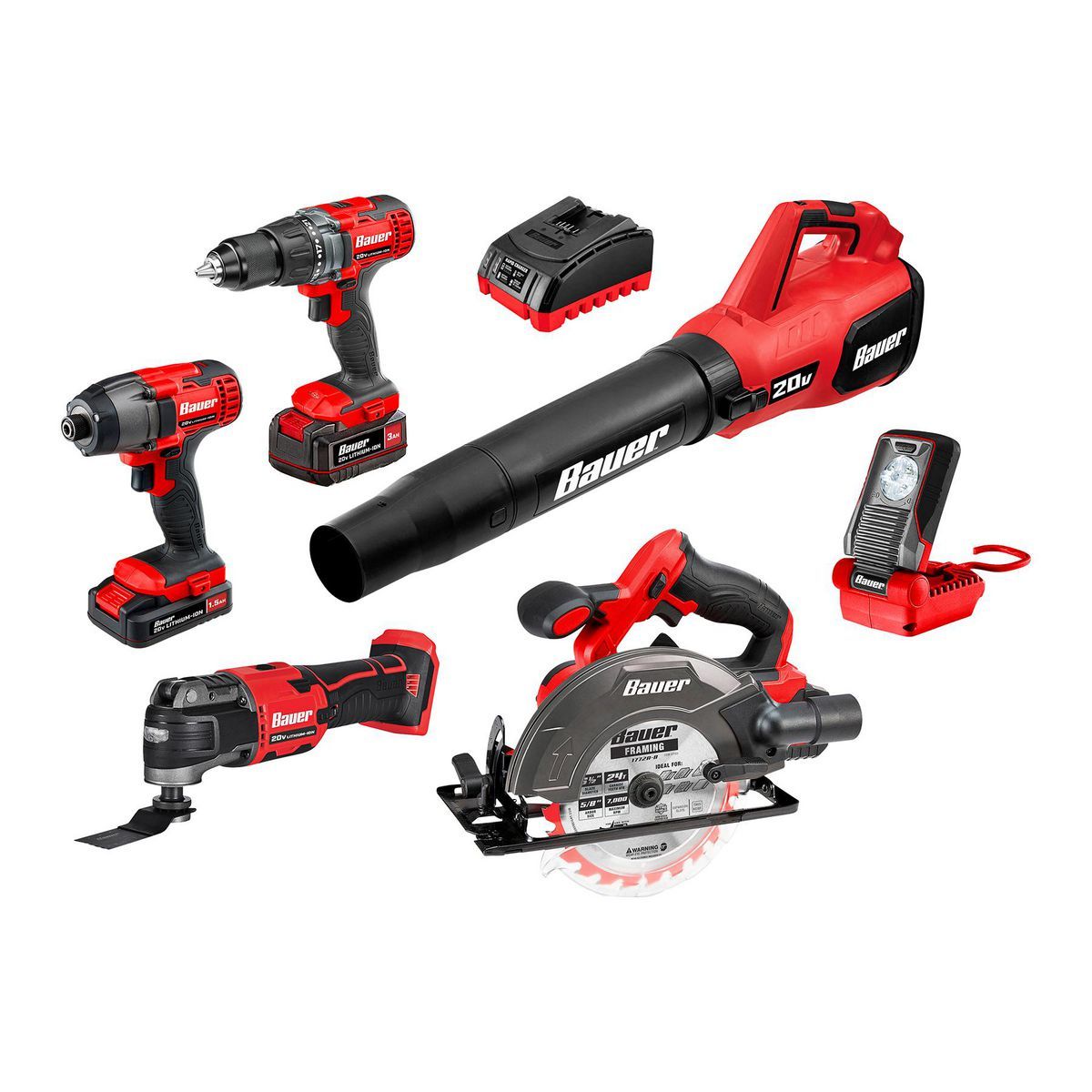 BAUER 20V Cordless 6-Tool Combo Kit with 3 Ah Battery, 1.5 Ah Battery, and Charger