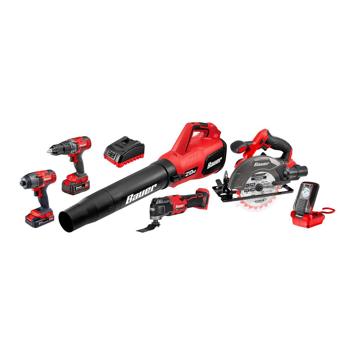 BAUER 20V Cordless 6-Tool Combo Kit with 3 Ah Battery, 1.5 Ah Battery, and Charger