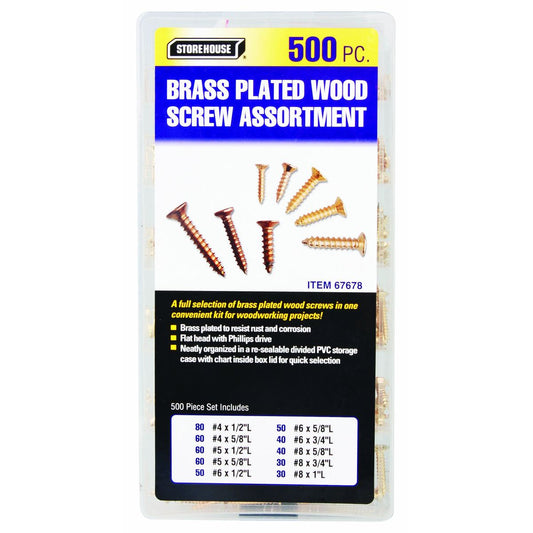 STOREHOUSE Brass Plated Wood Screw Assortment, 500 Piece